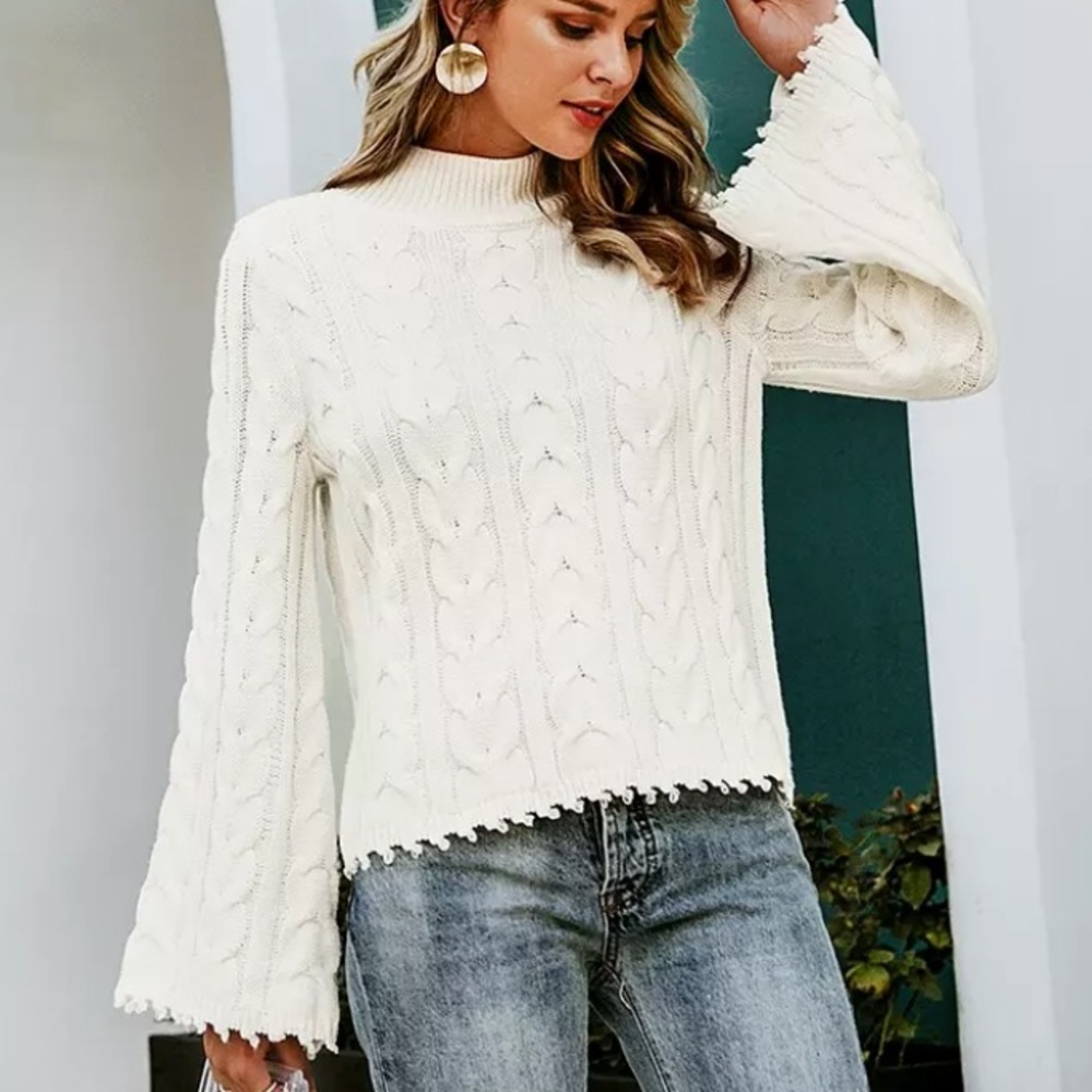 White Mock Neck Bell Sleeves Knit Sweater